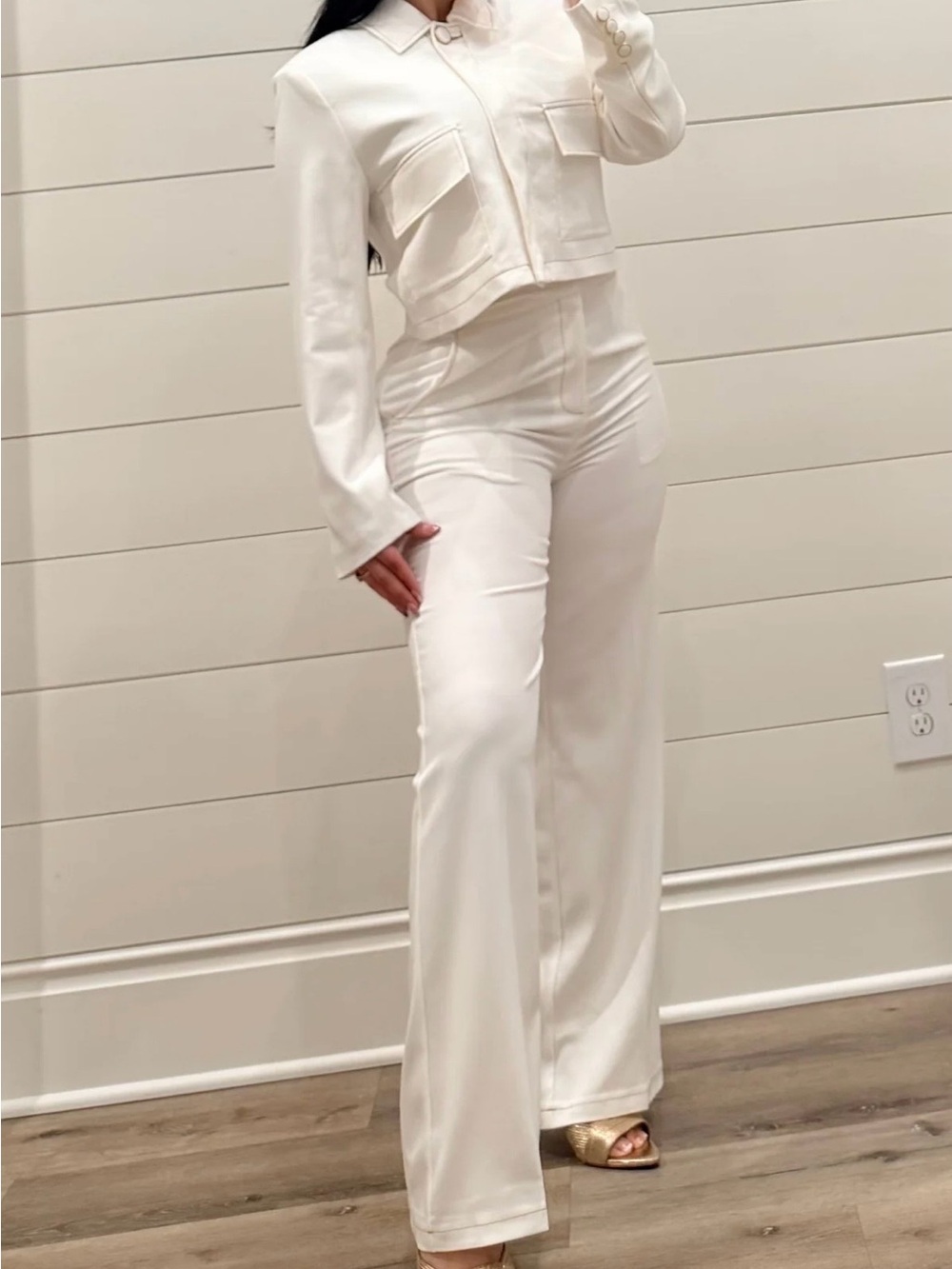 Cropped White Jacket & High-Waist Wide-Leg Pants Set - White